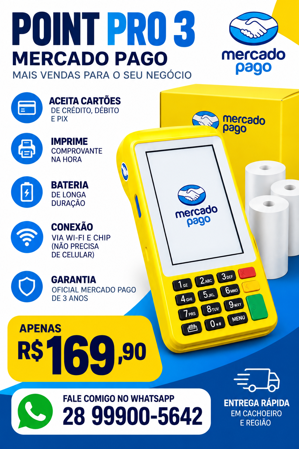 Máquina de Cartão Point Pro 3 Mercado Pago em Cachoeiro de Itapemirim